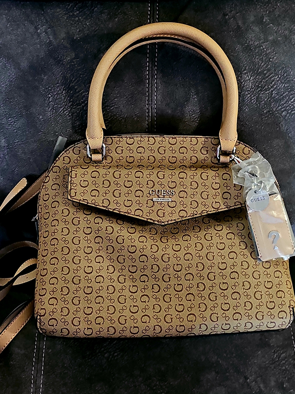 New GUESS Brown/mocha Signature Logo Satchel Dome Bag, Detachable Strap